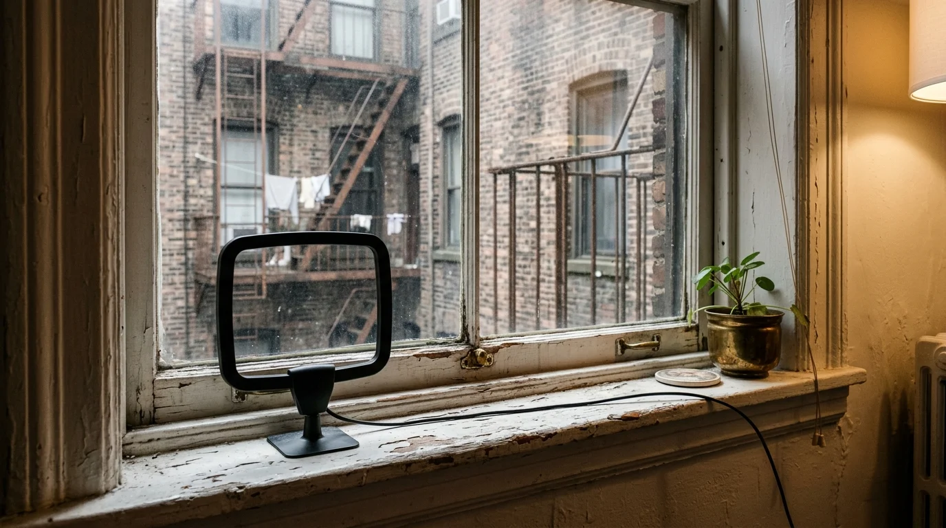 A square loop antenna rests on a peeling white windowsill facing a brick building courtyard with fire escapes.