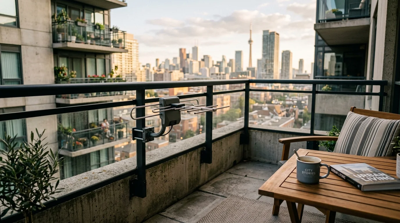 Compact TV antenna mounted on a high-rise apartment balcony railing overlooking a downtown city skyline.