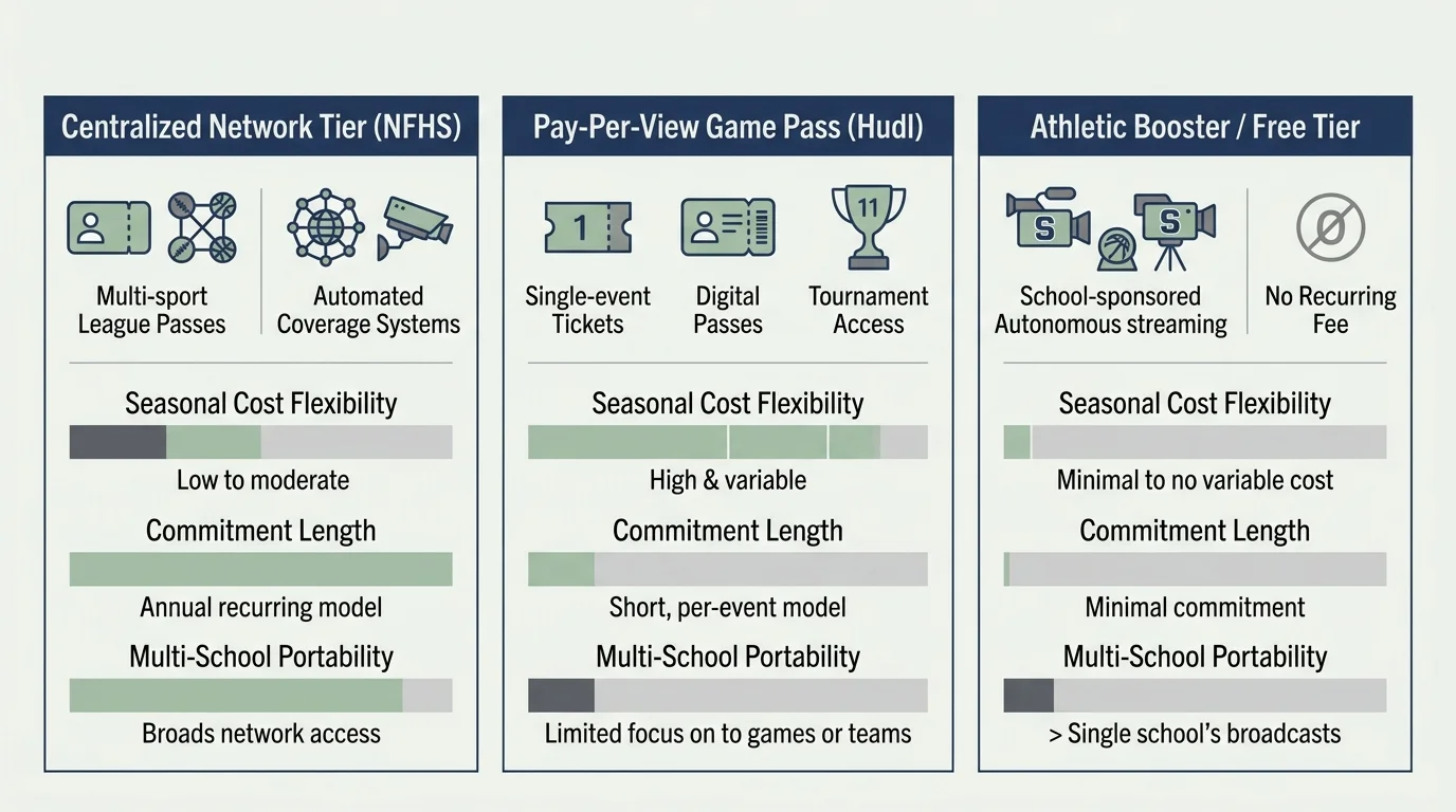 Comparison chart detailing NFHS network tiers, Hudl pay-per-view passes, and free athletic booster streaming models.