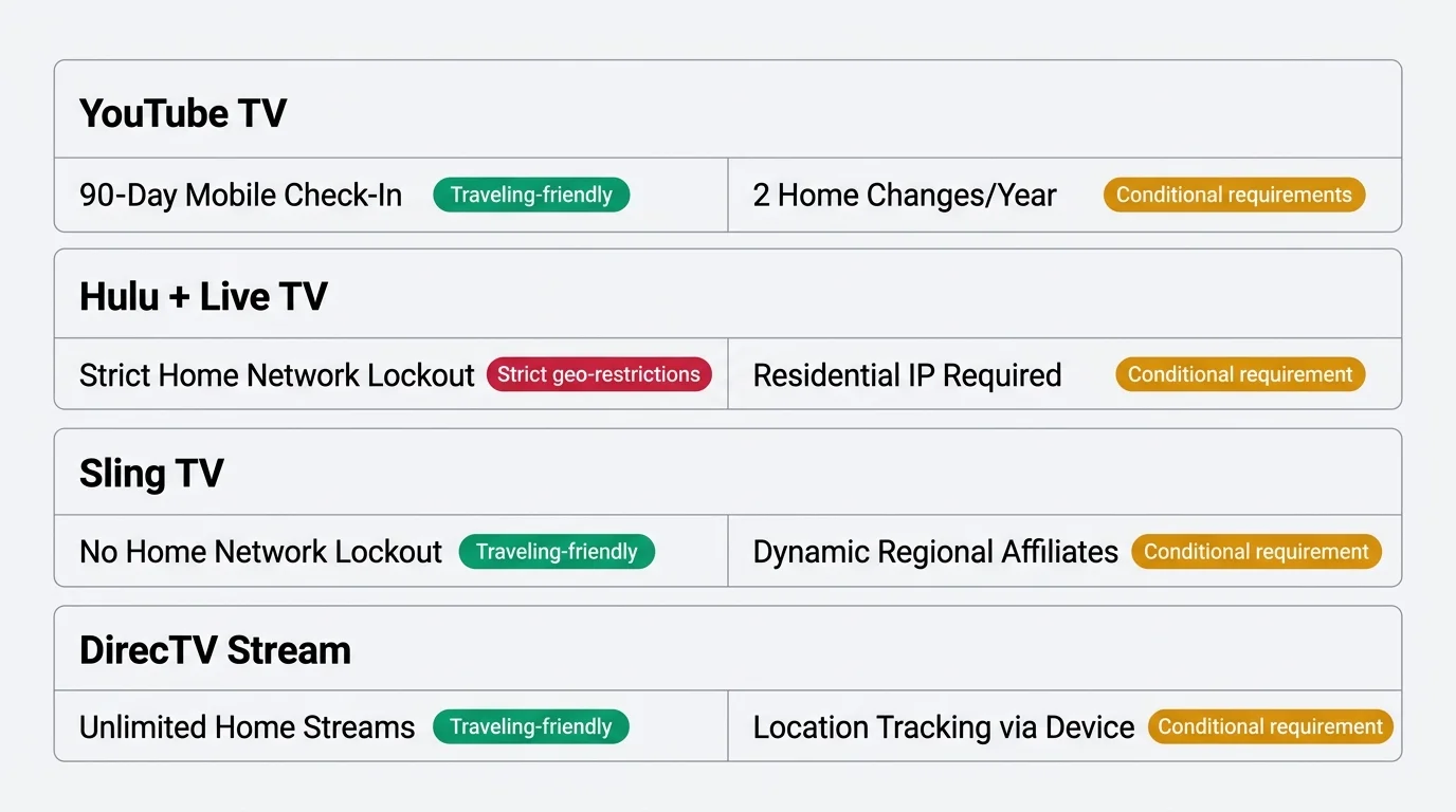 Comparison chart showing streaming service policies for YouTube TV, Hulu + Live TV, Sling TV, and DirecTV Stream.
