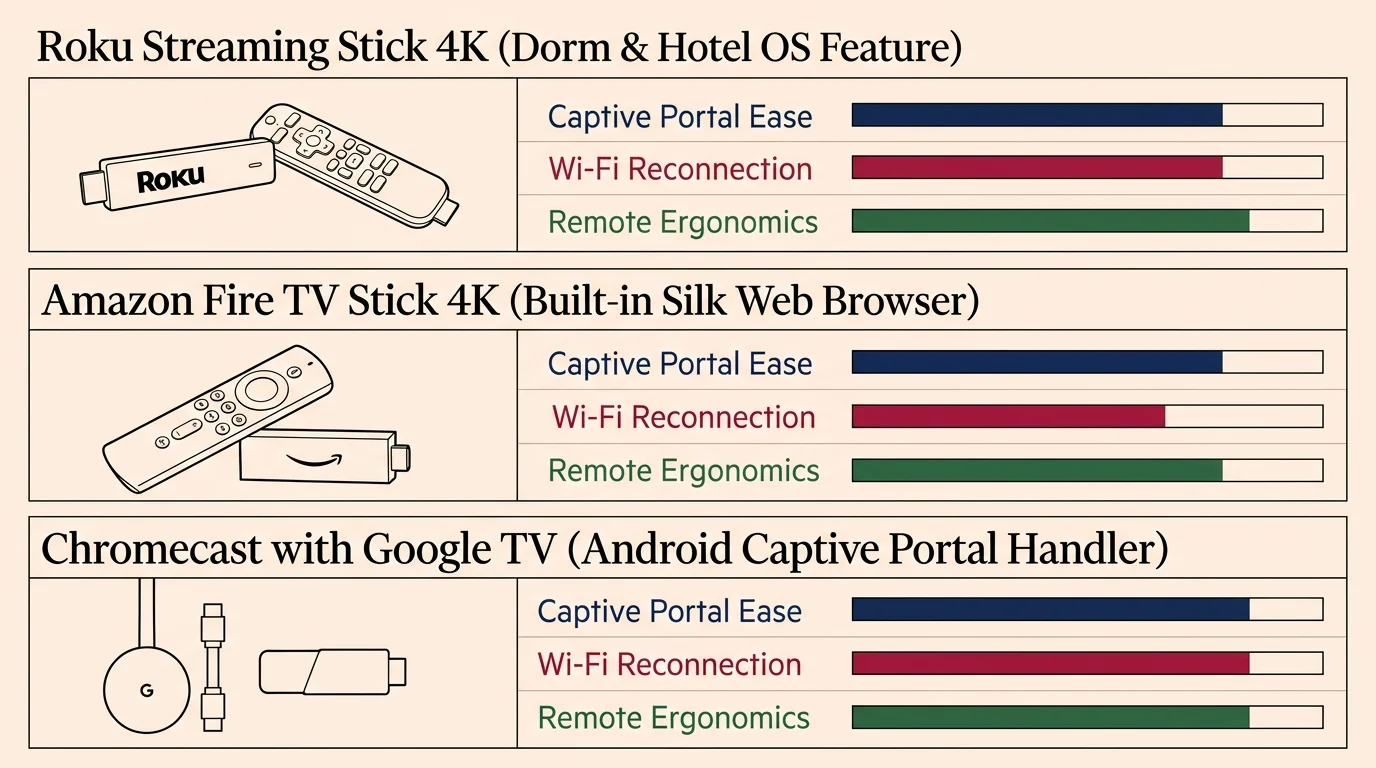 Feature comparison chart rating Roku, Amazon Fire TV Stick, and Chromecast on captive portal ease and connectivity.