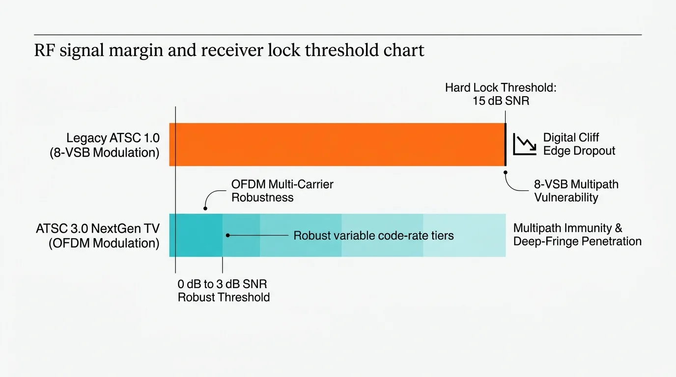 Horizontal bar chart comparing ATSC 1.0 lock threshold at 15 dB SNR against ATSC 3.0 threshold from 0 to 3 dB SNR.