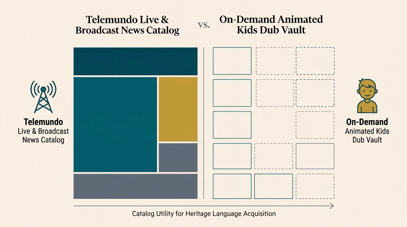 Diagram comparing Telemundo live broadcast catalog blocks against sparse on-demand animated kids dub vault boxes.