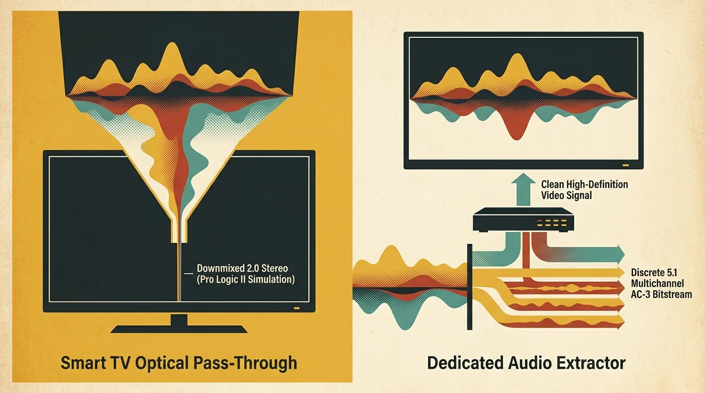 Diagram comparing TV optical pass-through funneling audio to stereo versus an audio extractor maintaining multichannel output.