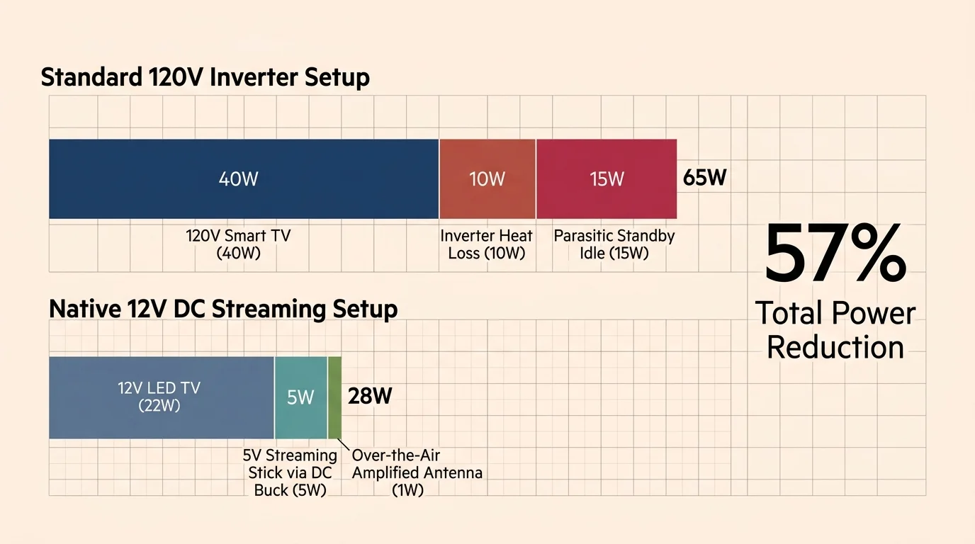 Bar chart comparing a 65W standard 120V inverter setup to a 28W native 12V DC streaming setup, showing a 57% power reduction.