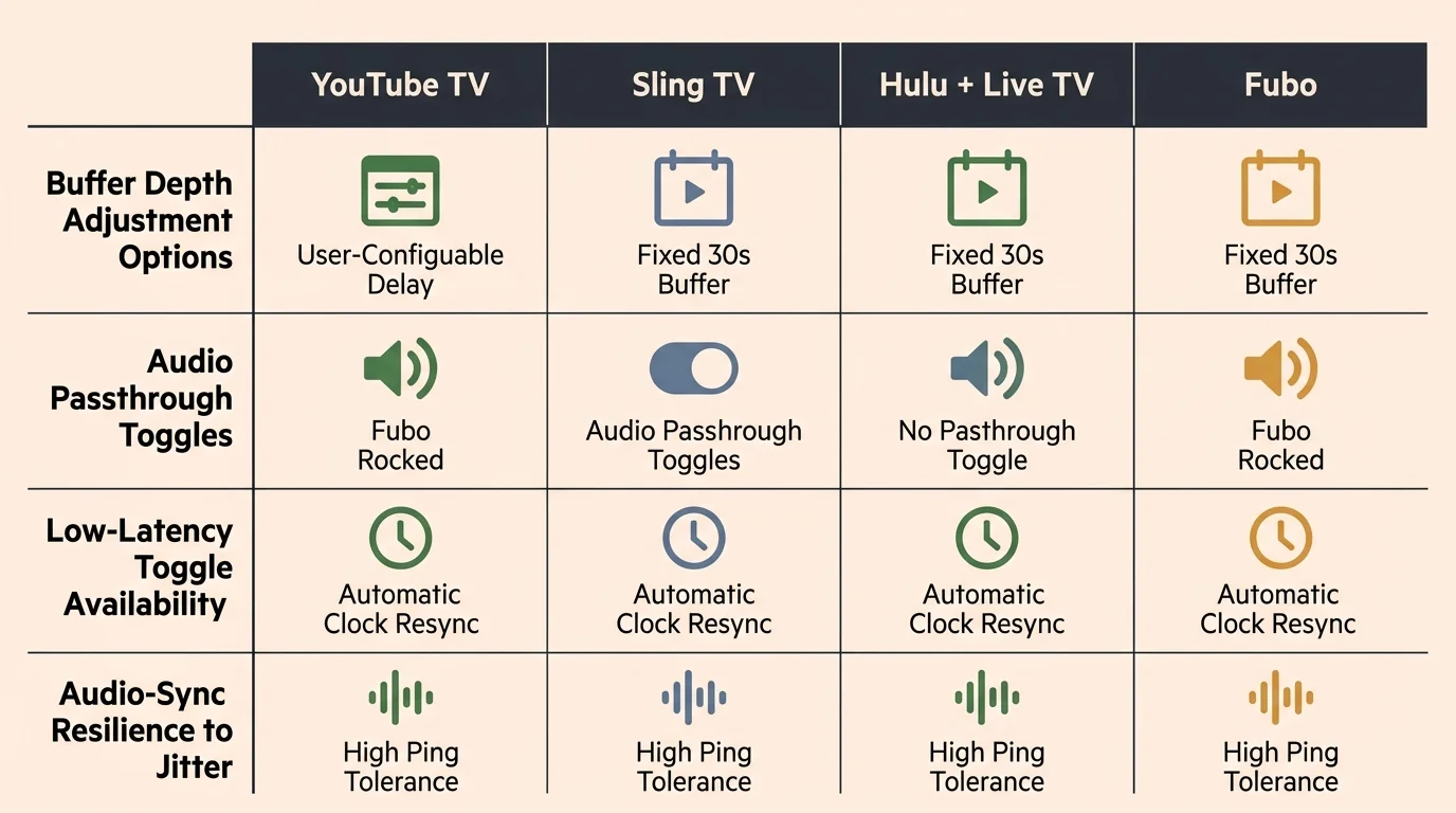 Comparison chart rating YouTube TV, Sling TV, Hulu + Live TV, and Fubo across buffer depth and audio sync settings.