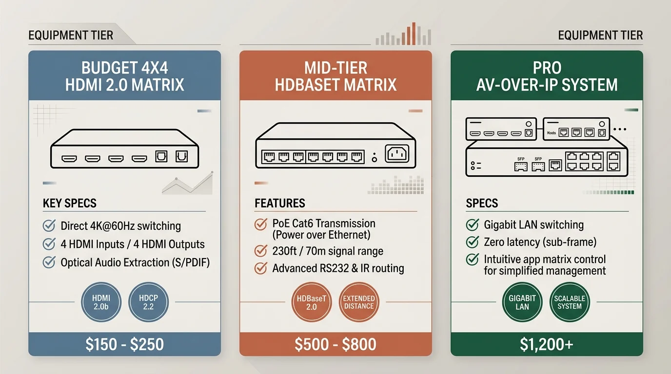 Diagram comparing budget HDMI 2.0, mid-tier HDBaseT, and pro AV-over-IP matrix switches with specs and pricing.