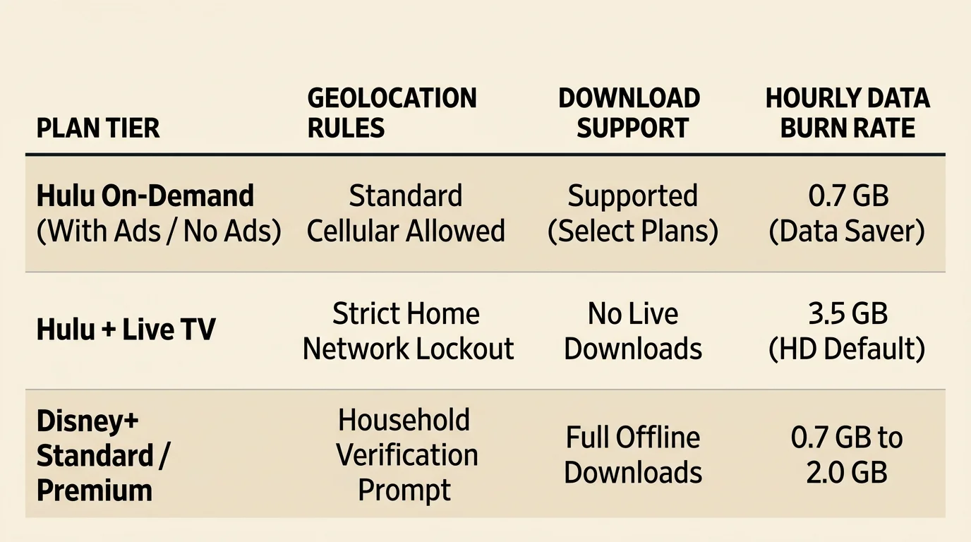 Table comparing plan tier, geolocation rules, download support, and hourly data burn rate for Hulu and Disney+.
