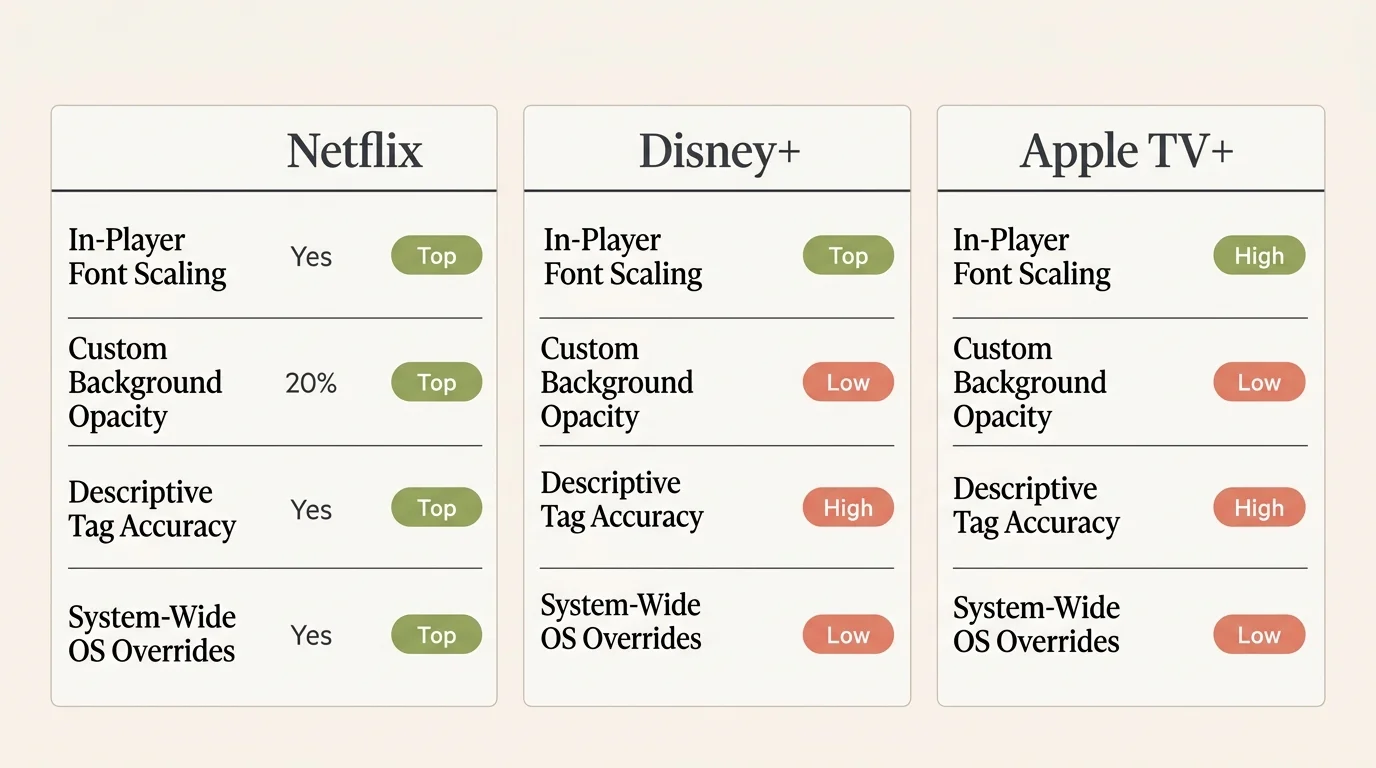 Comparison cards for Netflix, Disney+, and Apple TV+ rating caption features like font scaling and background opacity.