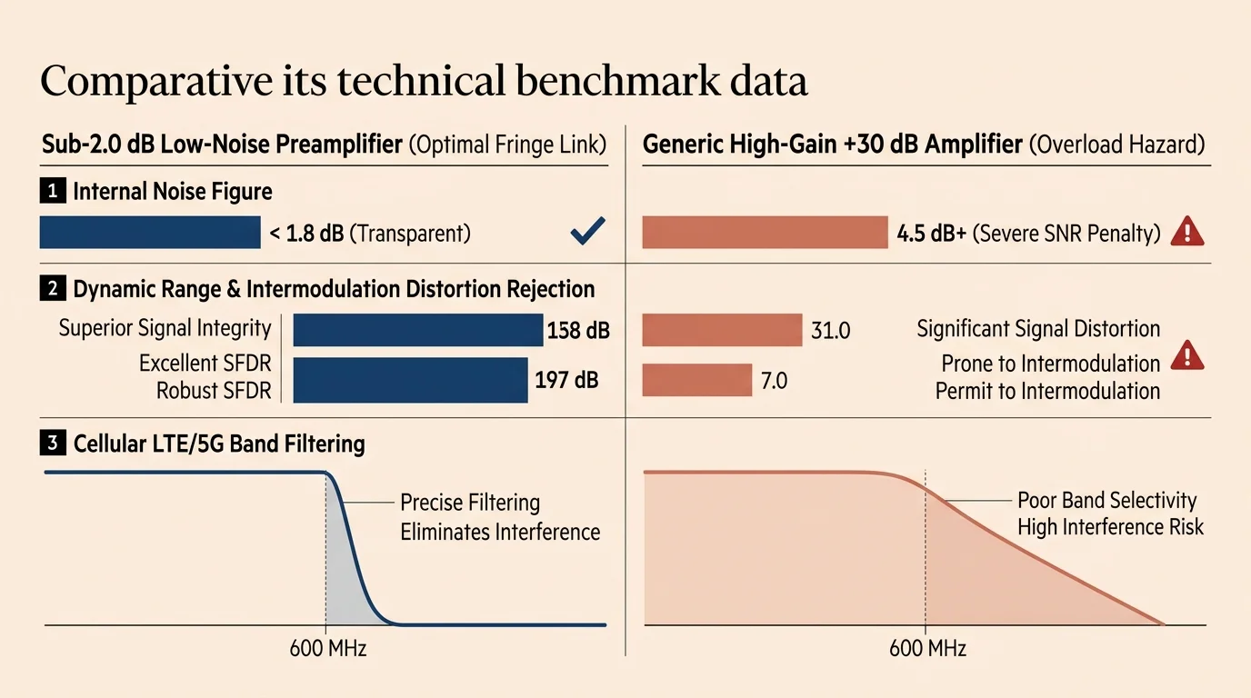 Technical comparison chart contrasting a low-noise preamplifier against a generic high-gain amplifier across three metrics.