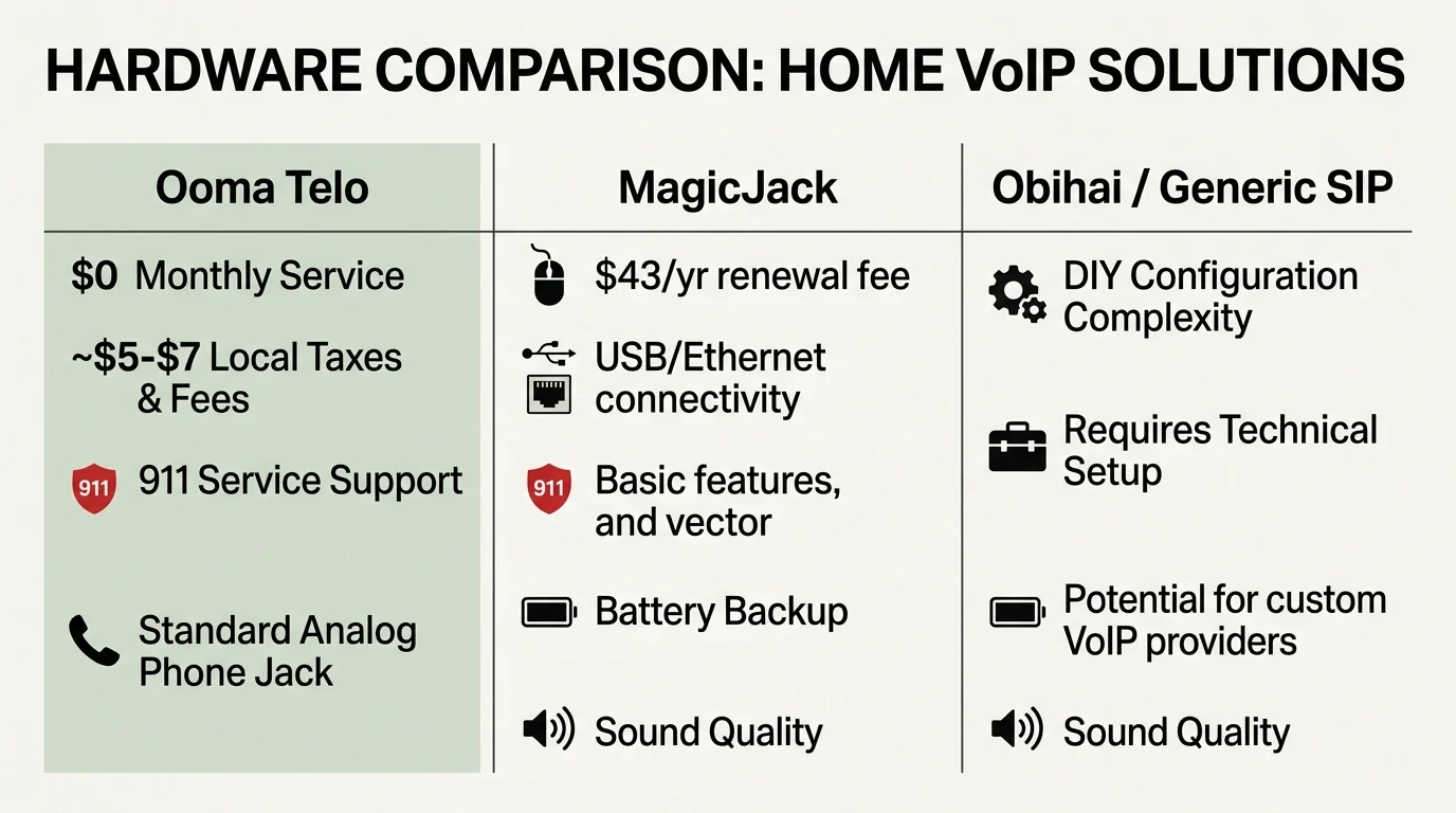 Comparison table listing features and specs for Ooma Telo, MagicJack, and Obihai / Generic SIP home VoIP solutions.
