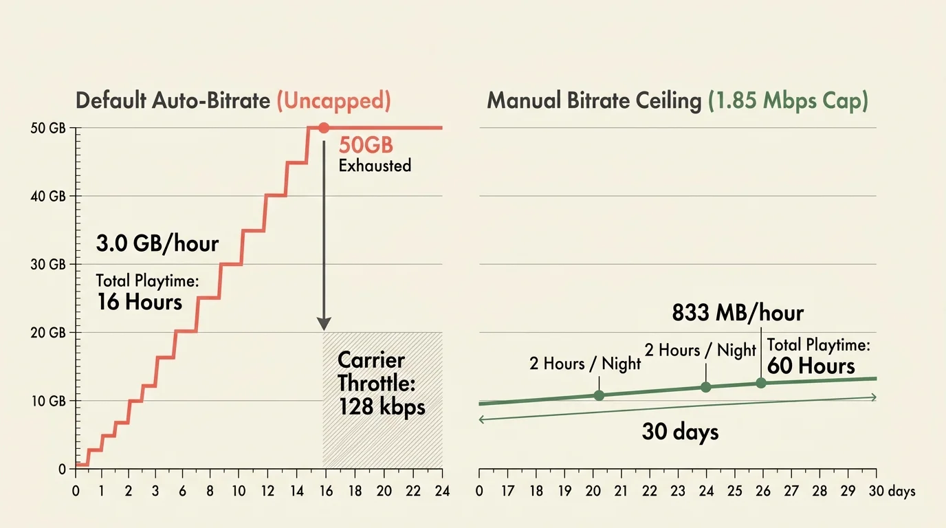 Line charts comparing uncapped data burning 50GB in 16 hours to a manual cap stretching 60 hours across 30 days.