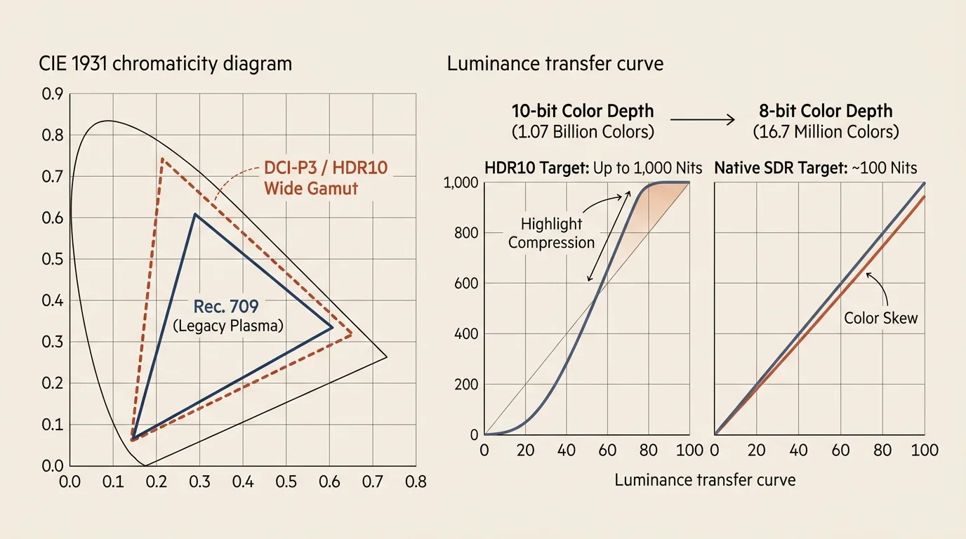 CIE 1931 chromaticity diagram comparing Rec. 709 and HDR10 wide gamut, alongside luminance transfer curves for HDR and SDR.