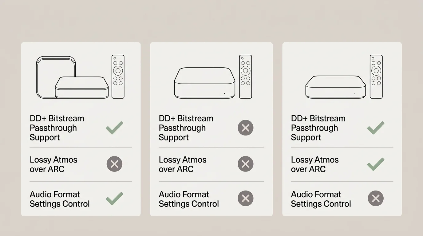 Comparison graphic of three streaming devices showing checkmarks and Xs for passthrough, Atmos over ARC, and format controls.
