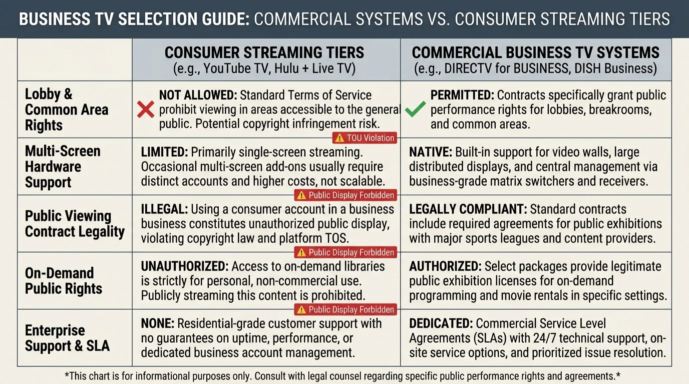 Comparison chart detailing legal rights, hardware support, and legality between consumer streaming tiers and commercial TV.