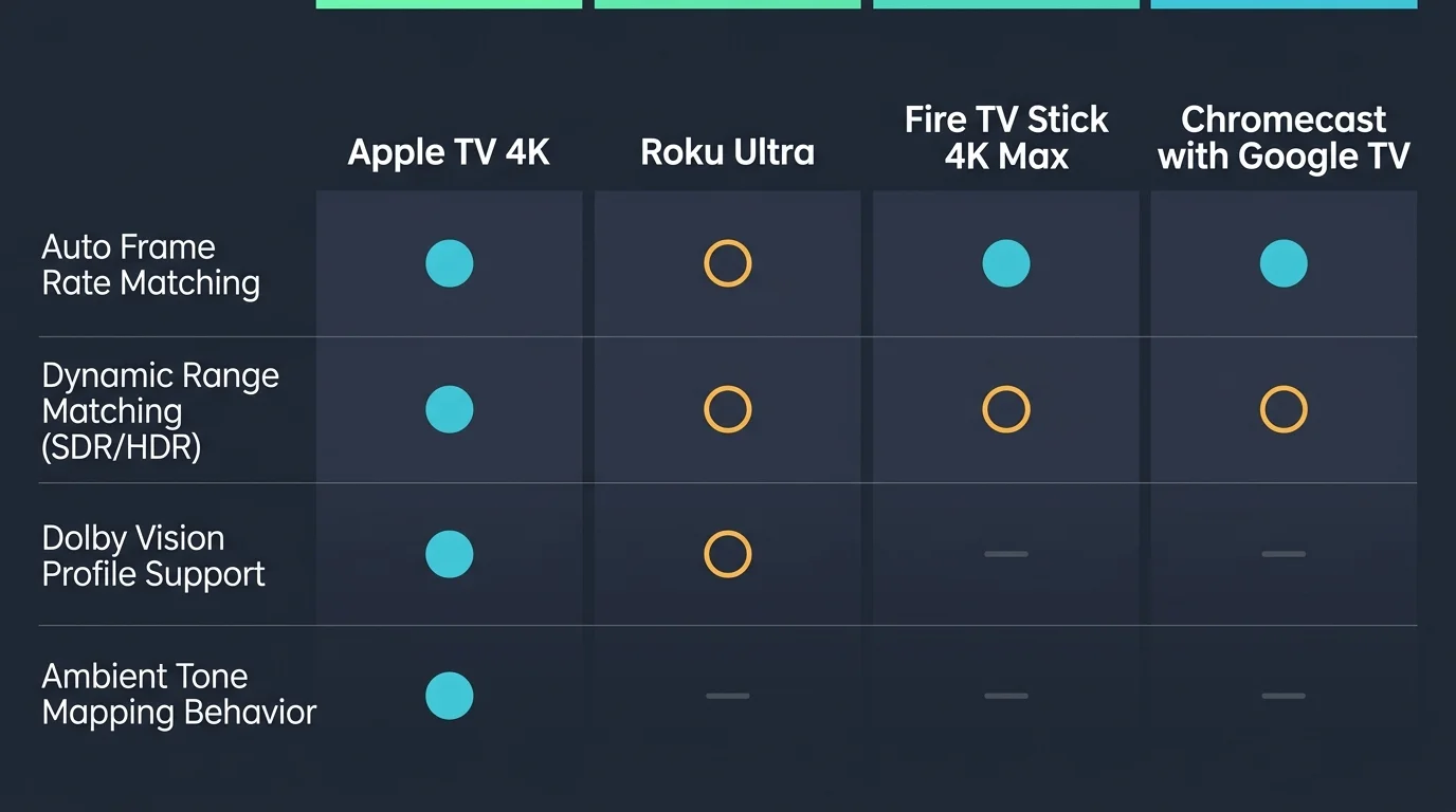 Feature comparison matrix listing Apple TV 4K, Roku Ultra, Fire TV Stick 4K Max, and Chromecast with Google TV.