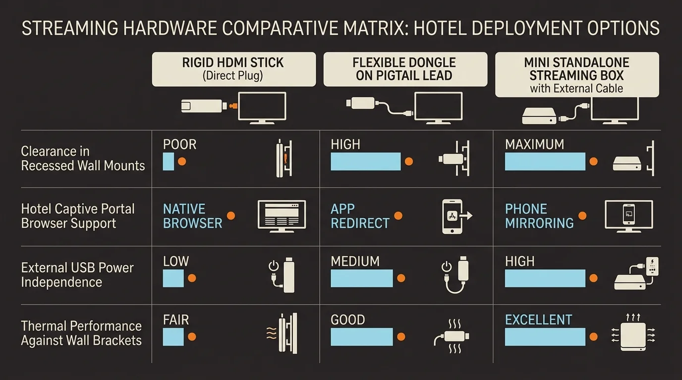 Streaming hardware comparative matrix evaluating HDMI sticks, flexible dongles, and mini standalone streaming boxes.