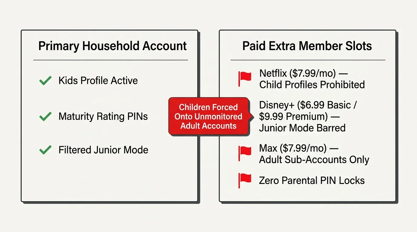 Side-by-side comparison of Primary Household Account features versus restrictions on Paid Extra Member Slots.