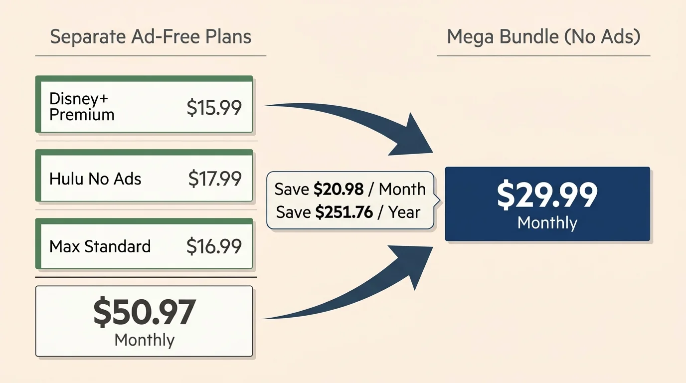 Price comparison diagram showing separate ad-free plans totaling $50.97 monthly versus a $29.99 bundle, saving $251.76 a year.