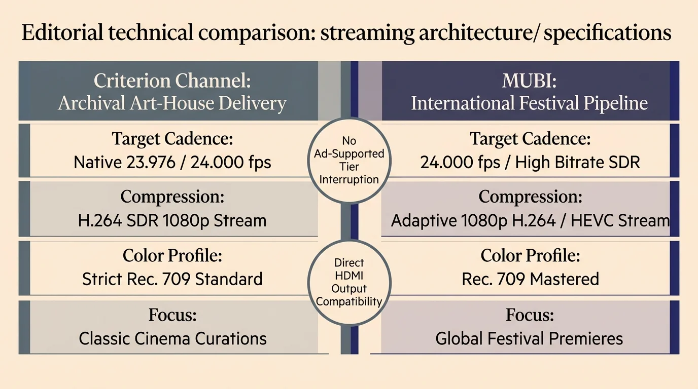 Comparison chart of streaming specifications between Criterion Channel and MUBI, listing cadence, compression, and focus.