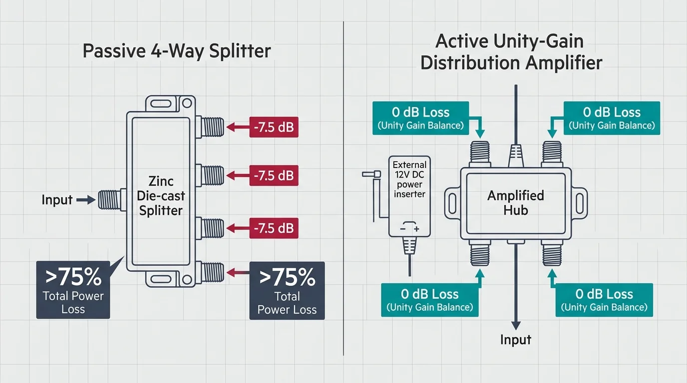 Diagram comparing a passive 4-way splitter showing -7.5 dB loss to an active unity-gain distribution amplifier with 0 dB loss.