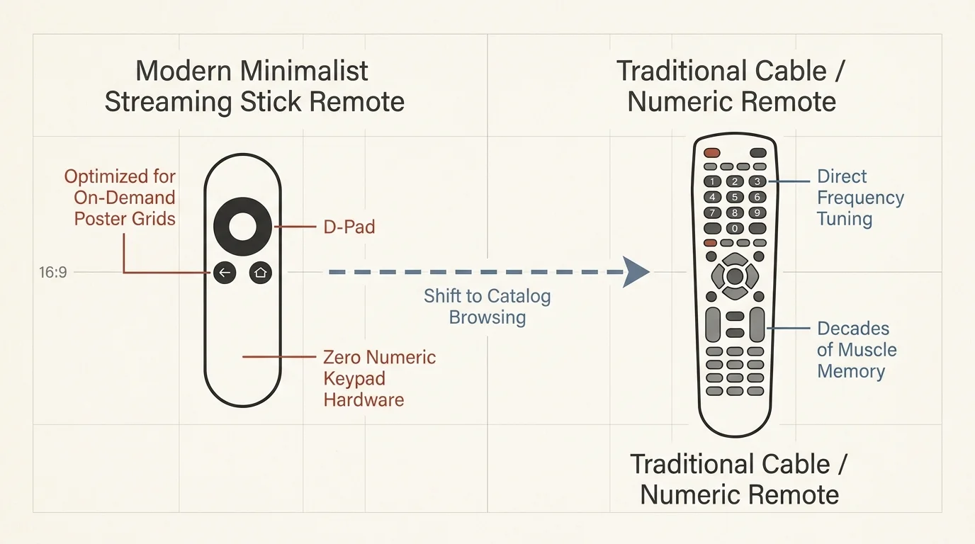Diagram comparing a minimalist streaming remote featuring a D-pad to a traditional cable remote with a numeric keypad.