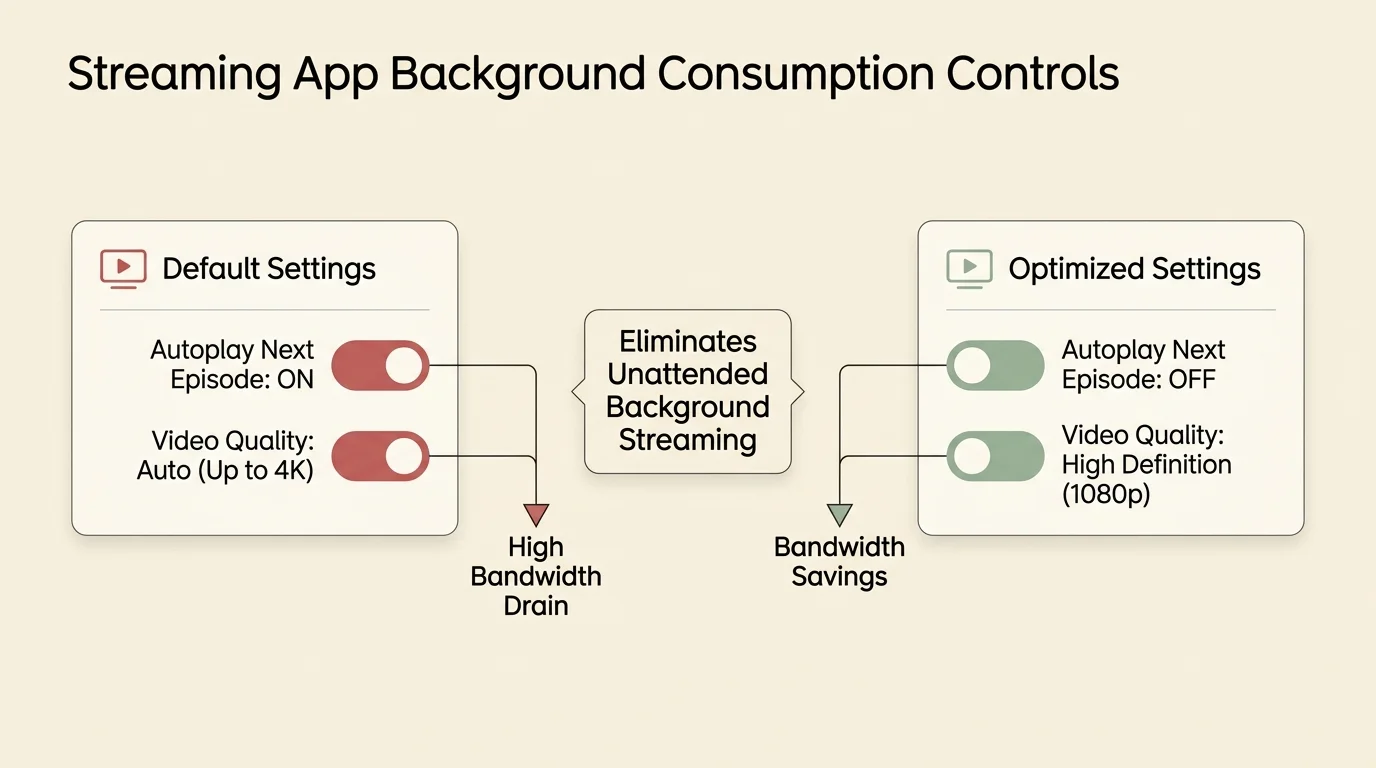 Diagram comparing default streaming app toggles causing high bandwidth drain with optimized settings providing bandwidth savings.