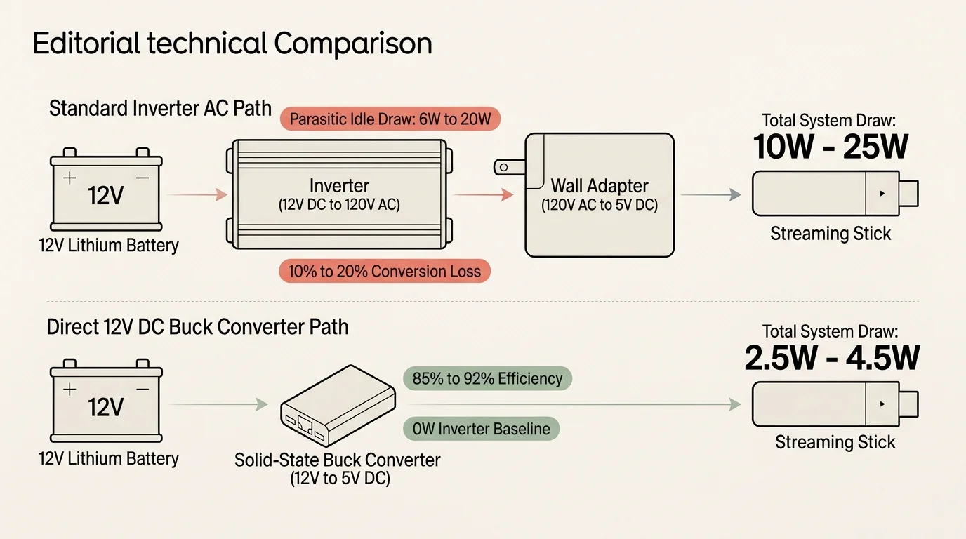 Diagram comparing a standard inverter AC path drawing 10W to 25W against a direct 12V DC buck converter drawing 2.5W to 4.5W.