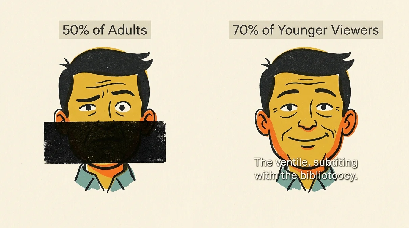 Illustration comparing 50% of adults with mouth covered by a black bar against 70% of younger viewers with readable subtitles.