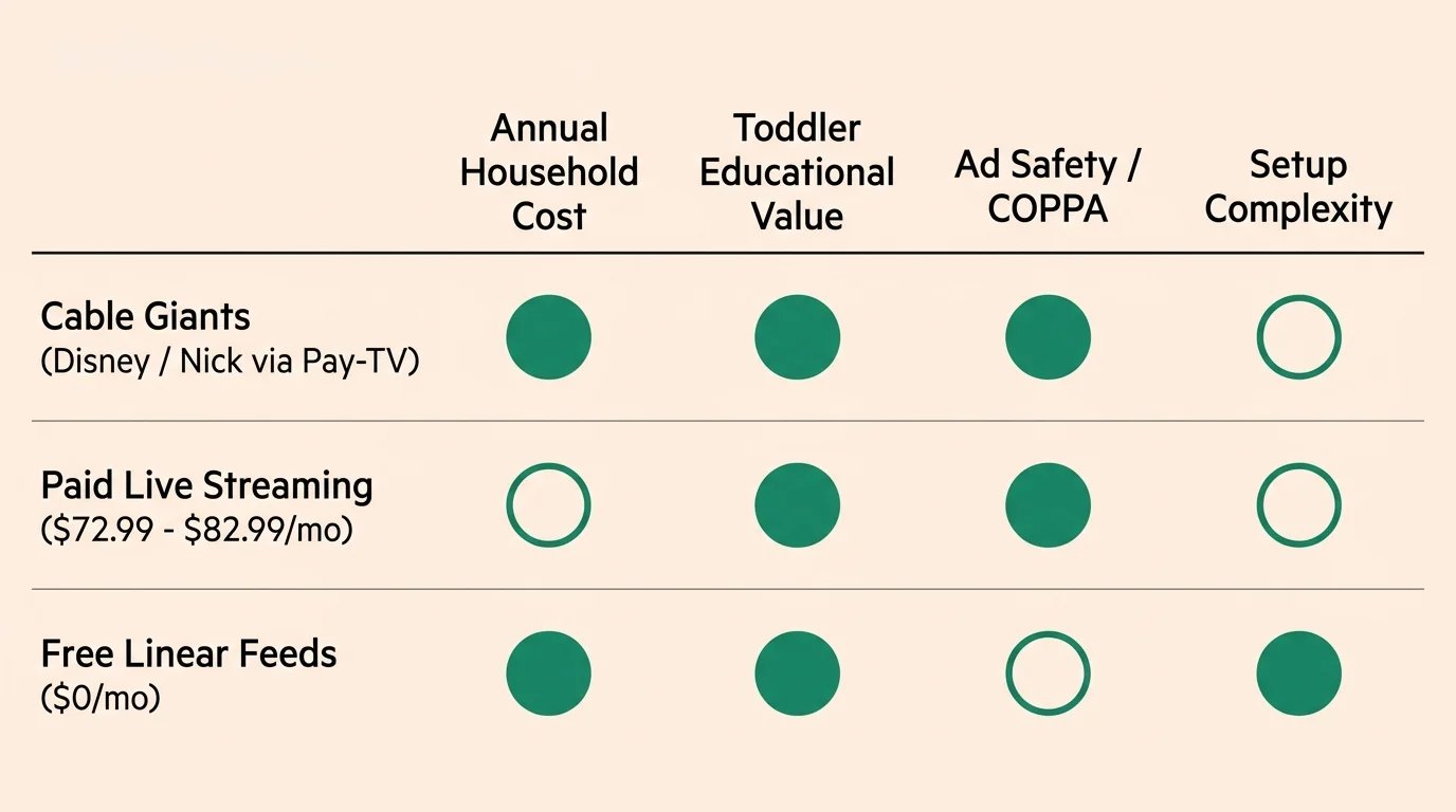 Comparison chart rating Cable Giants, Paid Live Streaming, and Free Linear Feeds across cost, value, safety, and setup.