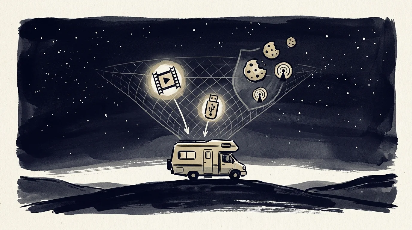 Ink illustration of a camper van at night under glowing icons for video, USB storage, and a data privacy shield.