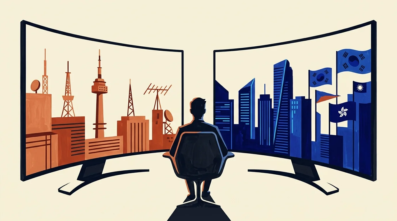 Illustration of a person seated before two large curved monitors displaying orange transmission towers and blue cityscapes.