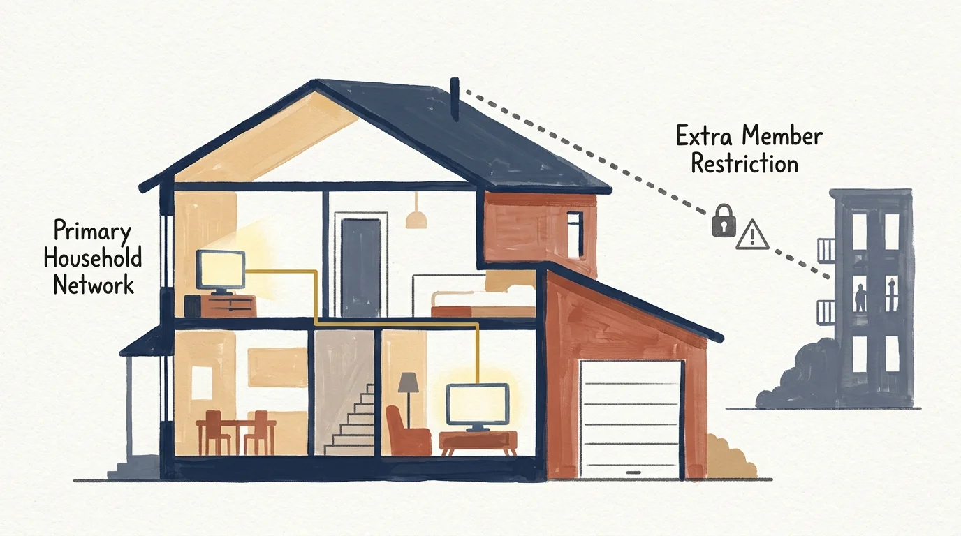 Cutaway illustration of a house with connected TVs linked by a dashed line with a lock icon to an outside apartment.