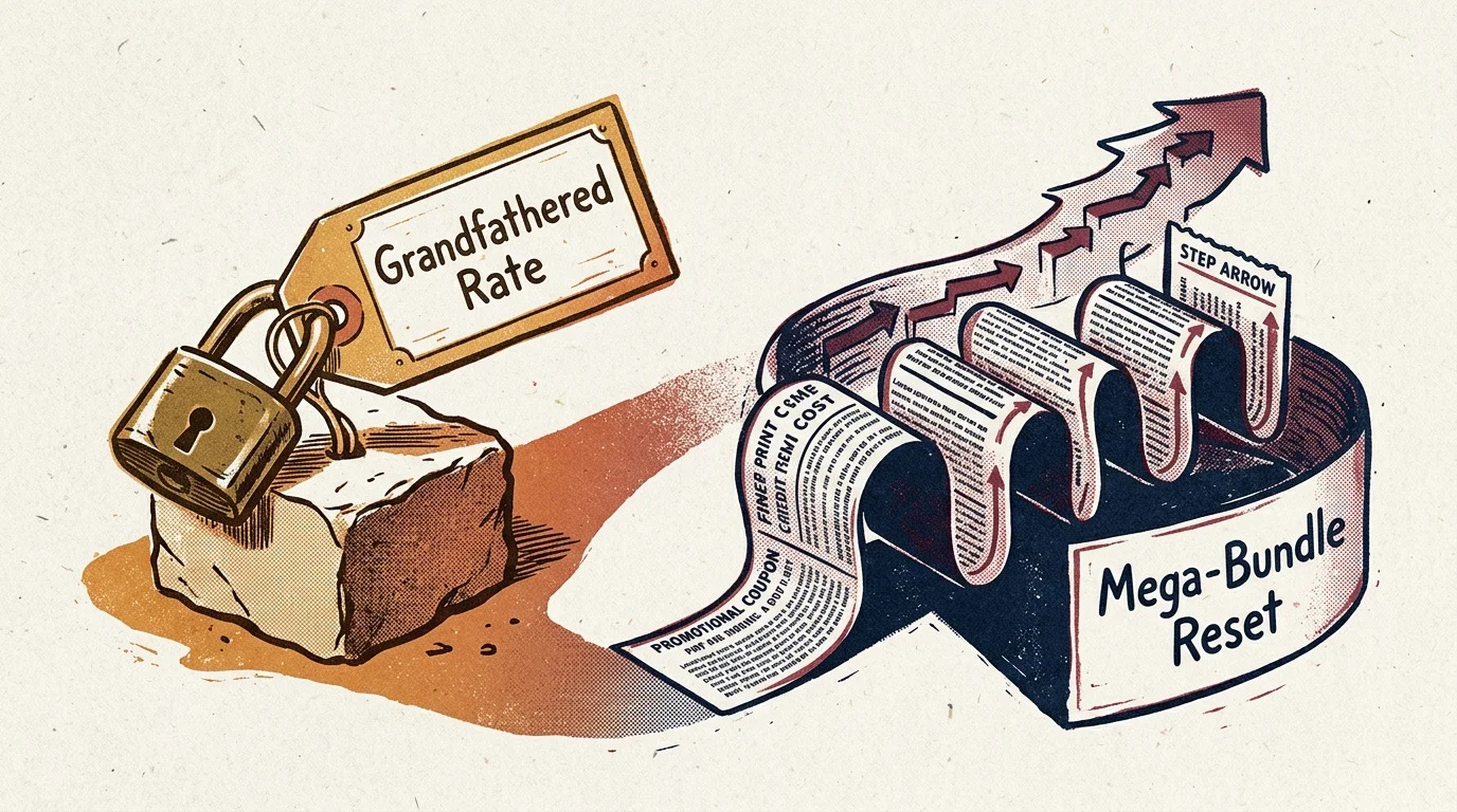 Illustration of a locked grandfathered rate tag anchored to stone beside a rising mega-bundle arrow made of fine print.