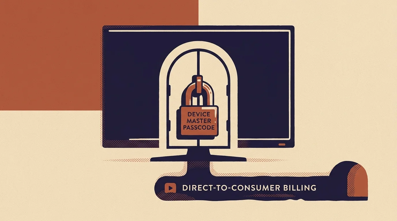Illustration of a locked TV screen with a tunnel underneath labeled direct-to-consumer billing bypassing the lock.