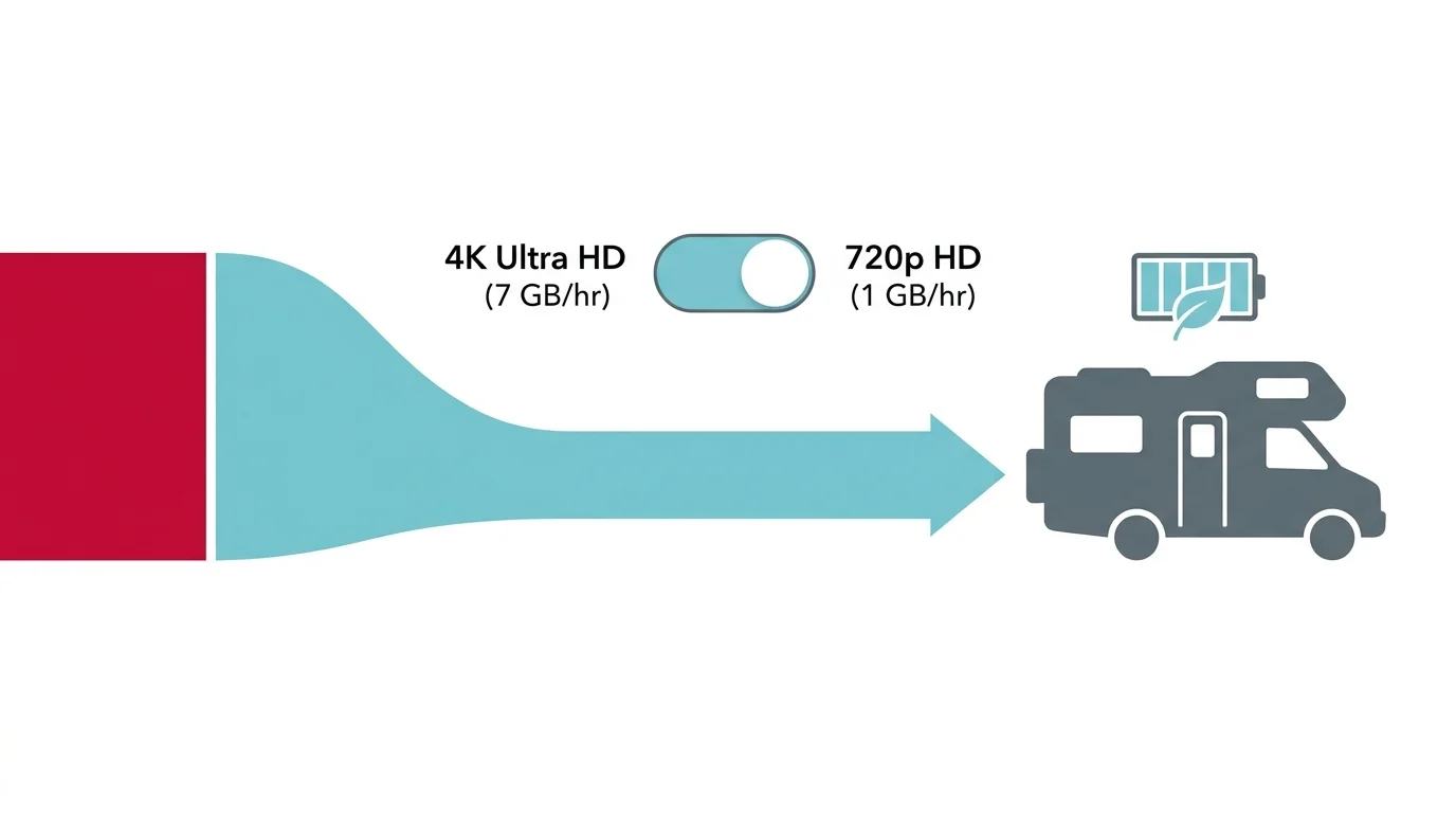 Diagram showing a narrowing data flow arrow pointing to a camper van, with a toggle switch set to 720p HD.