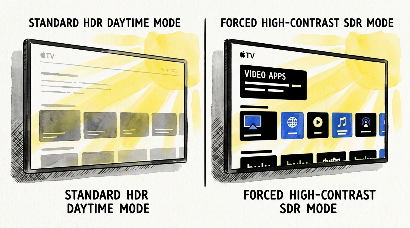 Side-by-side illustration comparing a washed-out TV screen in standard HDR daytime mode to a clear, high-contrast SDR display.