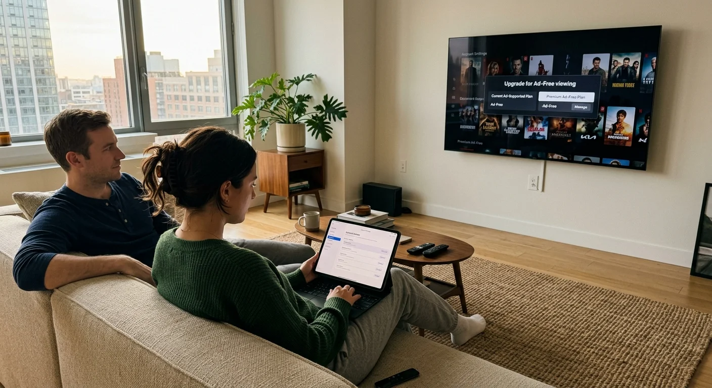 Couple on a living room couch facing a wall-mounted TV displaying an upgrade prompt for ad-free viewing.