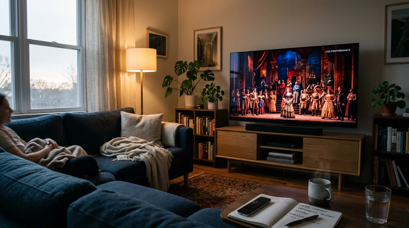 Person relaxing on a living room sofa watching an opera performance broadcast on a large television screen.