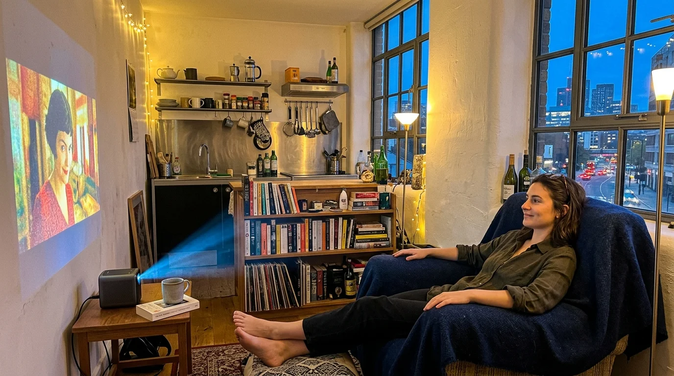 A woman reclines in an armchair watching a movie projected onto a wall inside a cozy studio apartment with a kitchen.