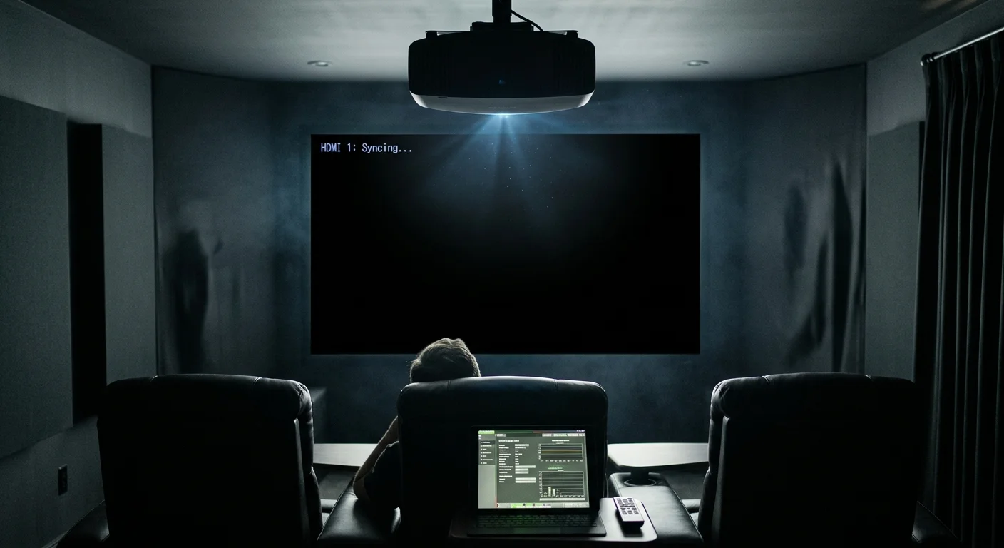 Person sitting in a dark home theater facing a black screen displaying HDMI 1: Syncing from a ceiling projector.