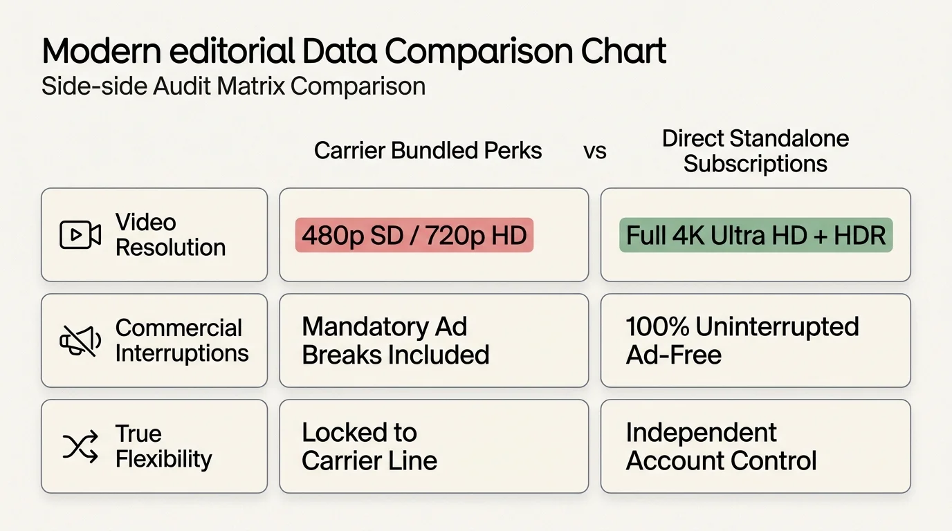 Comparison chart contrasting Carrier Bundled Perks with Direct Standalone Subscriptions across resolution, ads, and flexibility.