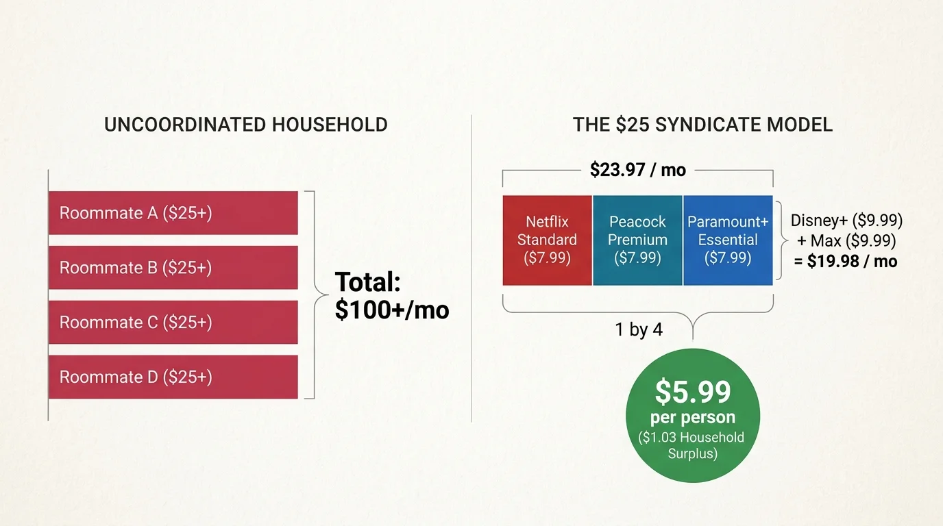Diagram comparing an uncoordinated household cost of over $100 monthly to a $25 syndicate model totaling $23.97 monthly.