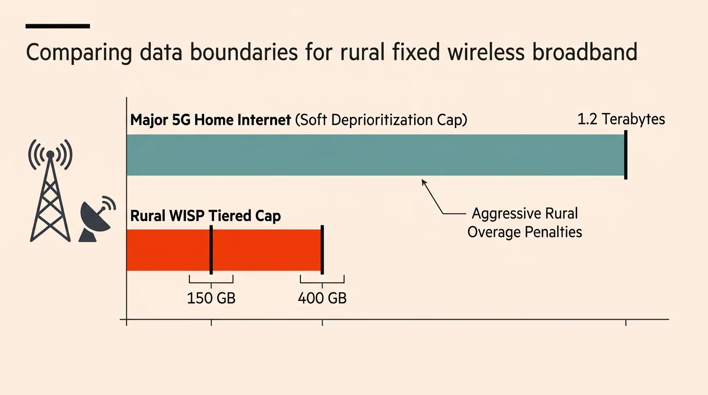 Bar chart comparing a 1.2 terabyte cap for major 5G home internet against 150 GB to 400 GB rural WISP tiered caps.