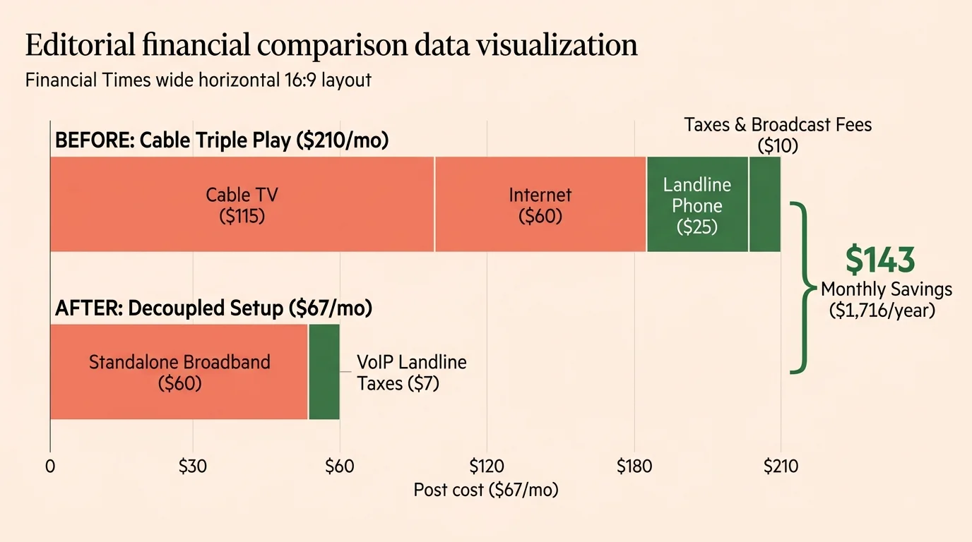 Bar chart comparing a $210 monthly cable triple play package to a $67 decoupled setup, showing $143 monthly savings.