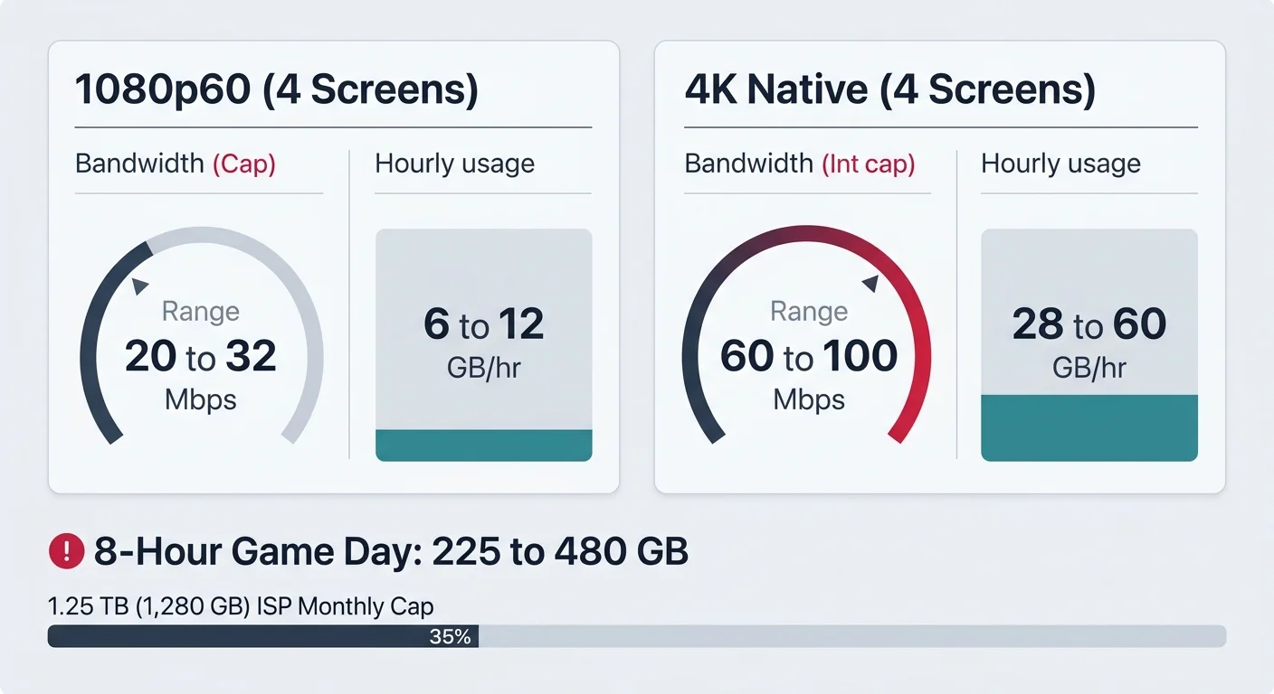 Bandwidth and data usage comparison between 1080p60 and 4K across four screens, showing an 8-hour game day usage bar.