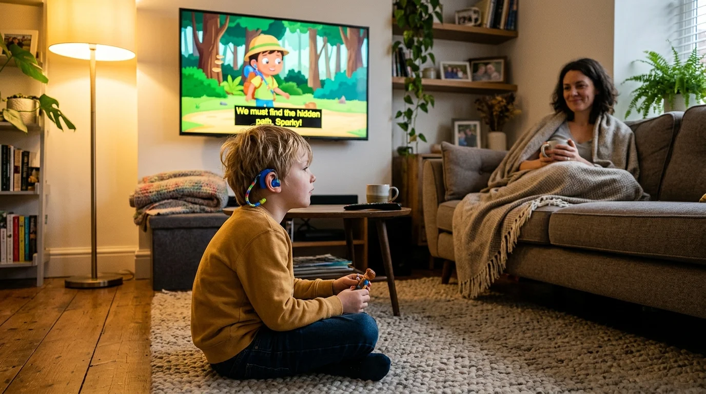 A young boy wearing a hearing device sits on a rug watching a cartoon with closed captions on TV.