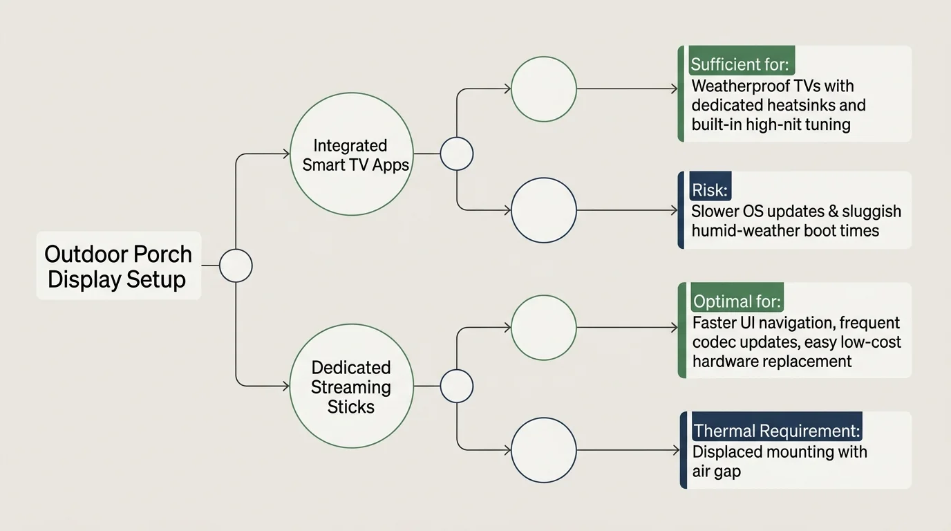 Decision tree comparing integrated smart TV apps against dedicated streaming sticks for outdoor porch display setups.