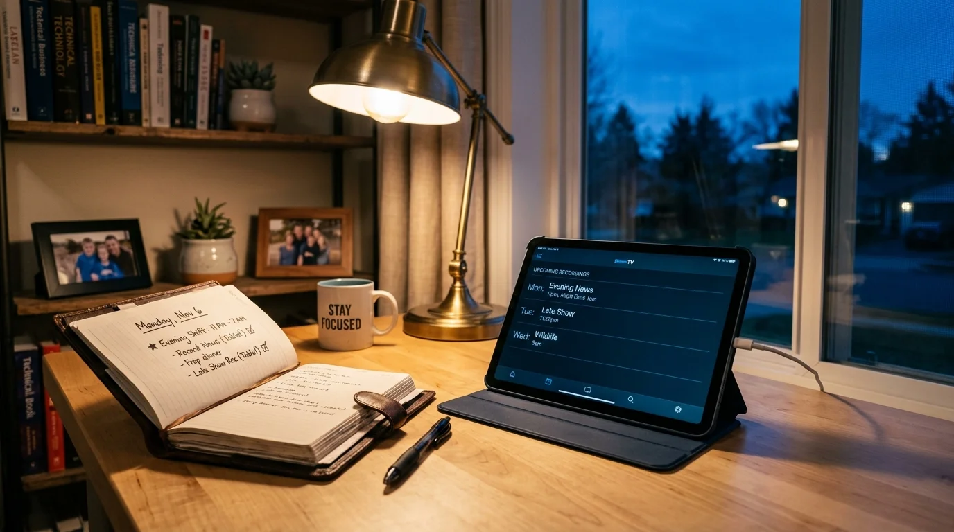 A tablet displaying upcoming TV recordings rests on a wooden desk beside an open planner and a lit brass desk lamp.