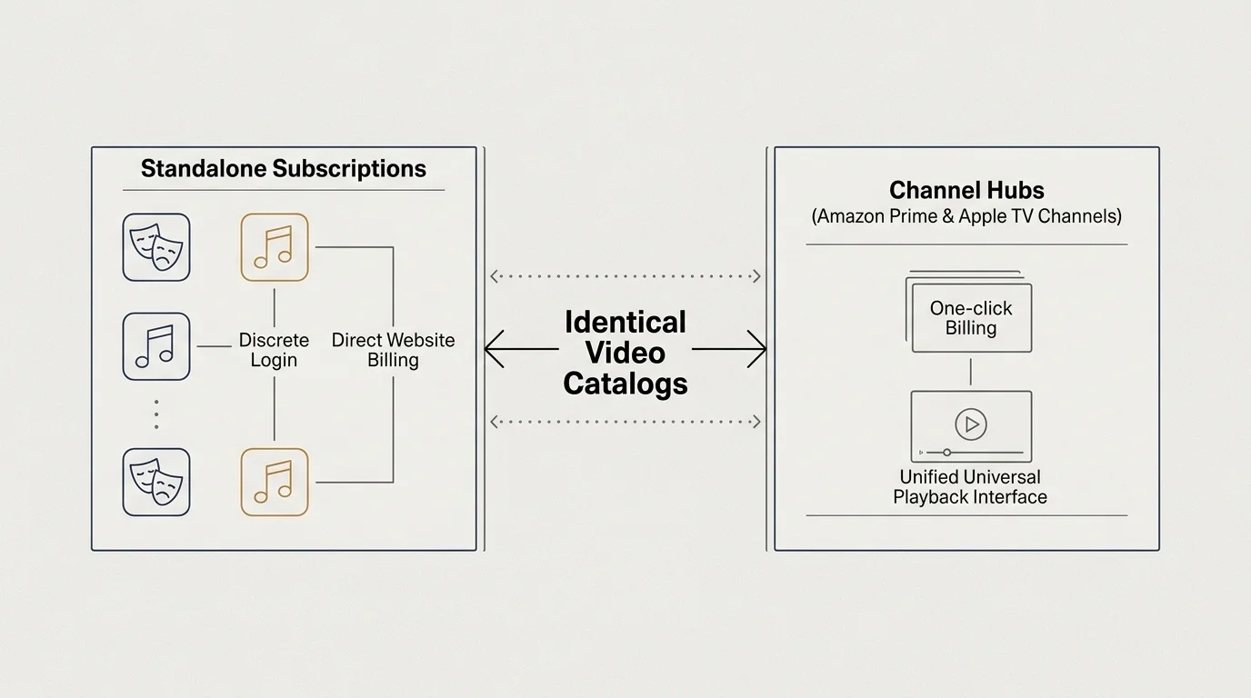 Diagram comparing standalone subscriptions and channel hubs, highlighting that both options share identical video catalogs.